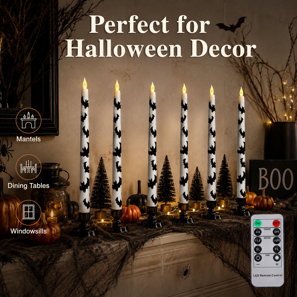 Spooky Bat Flameless Taper Candles