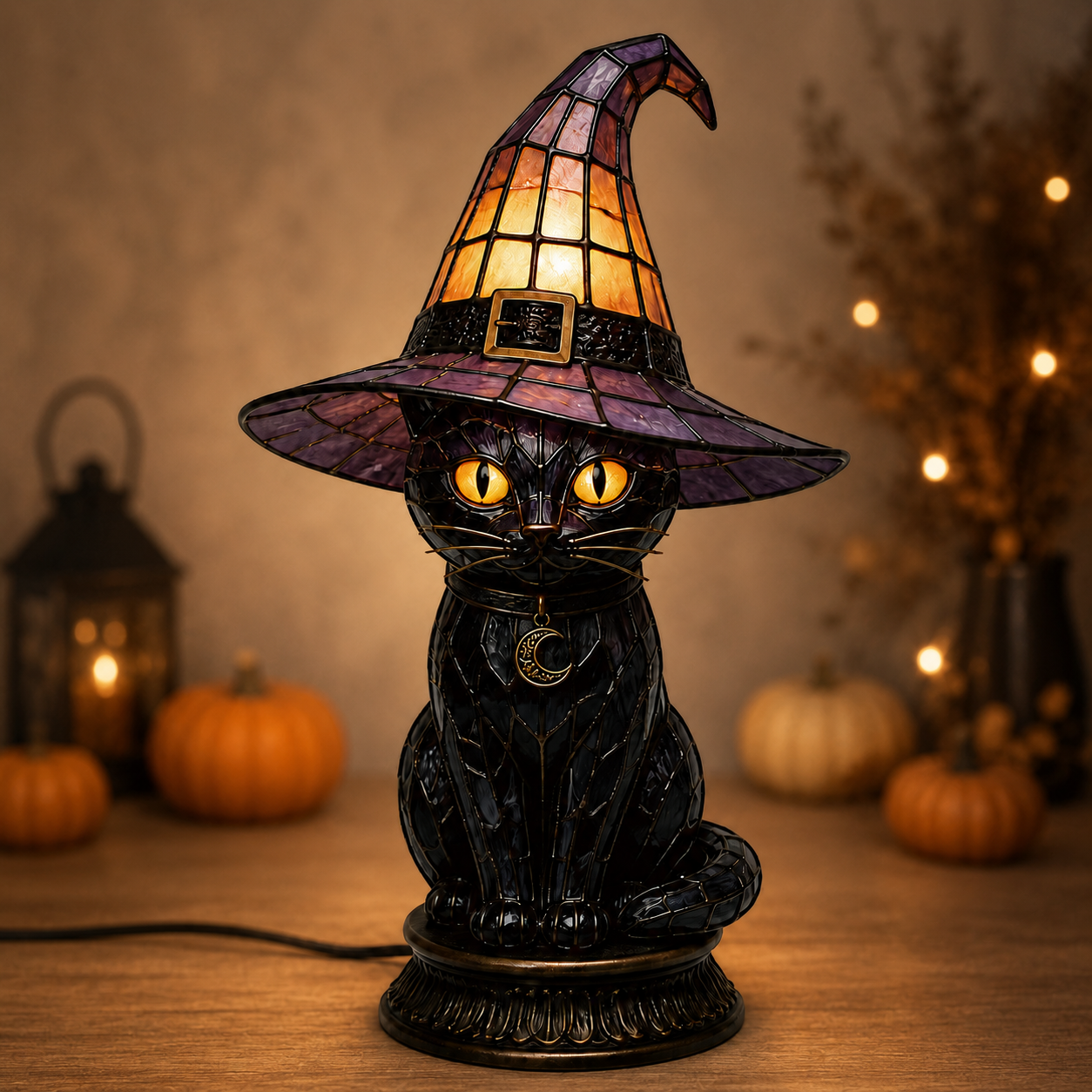 Gothic Stained Glass Black Cat Table Lamp