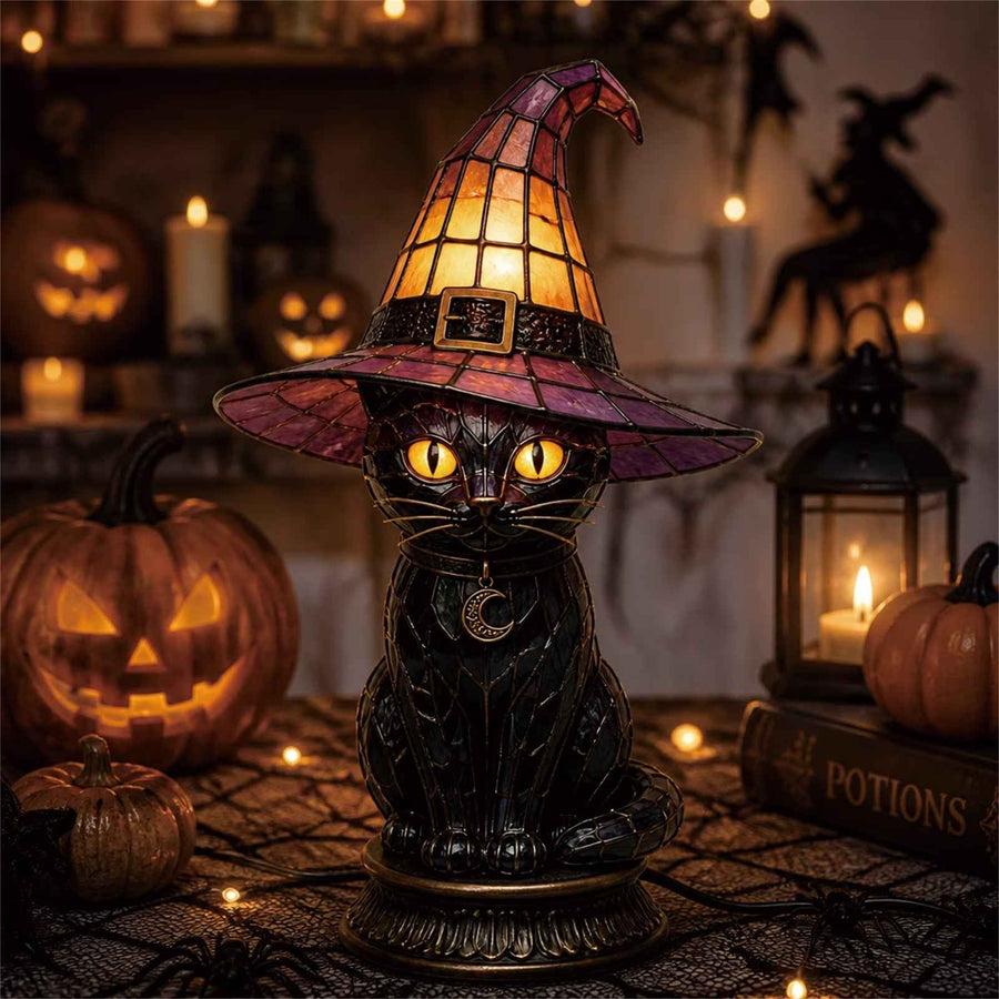Gothic Stained Glass Black Cat Table Lamp