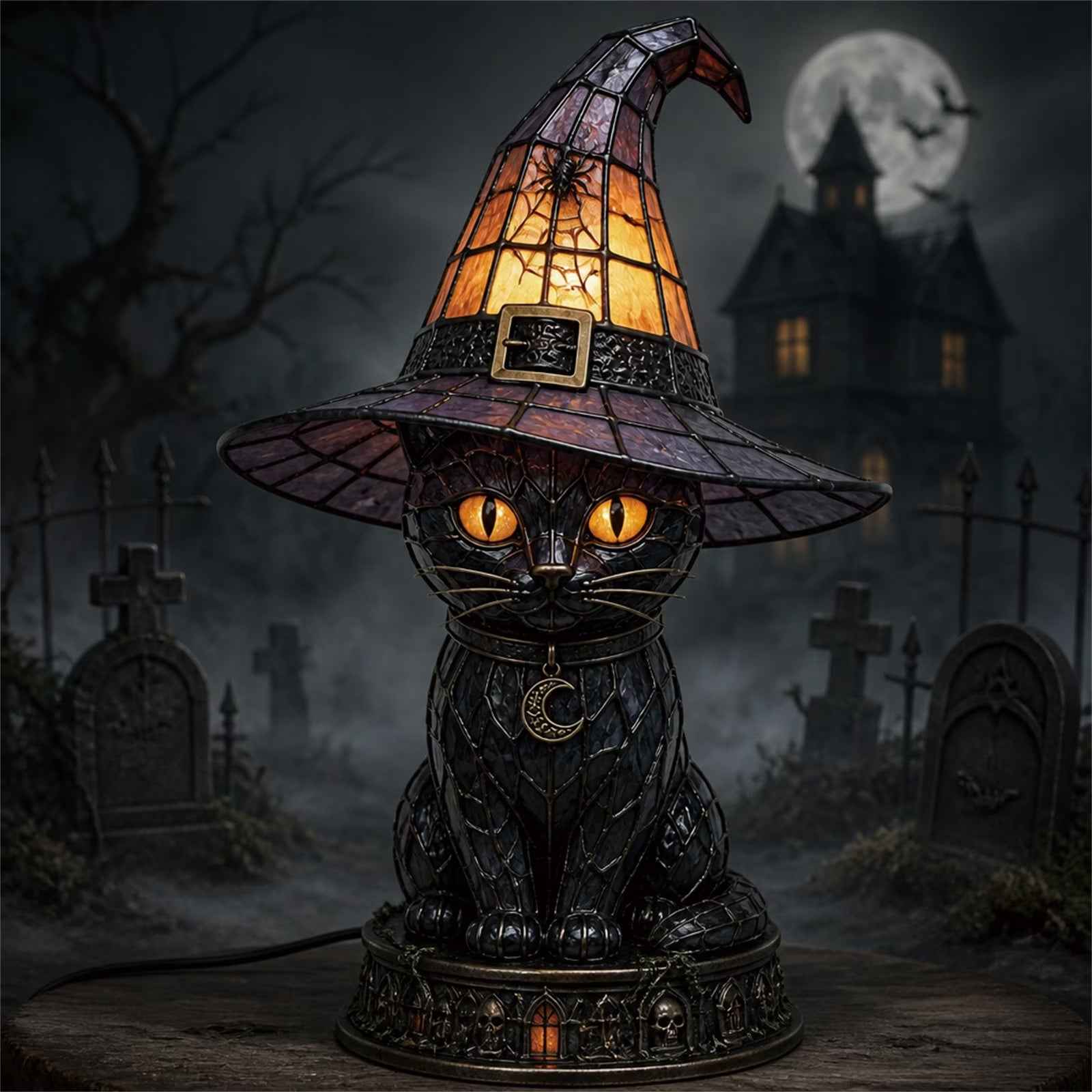 Gothic Stained Glass Black Cat Table Lamp