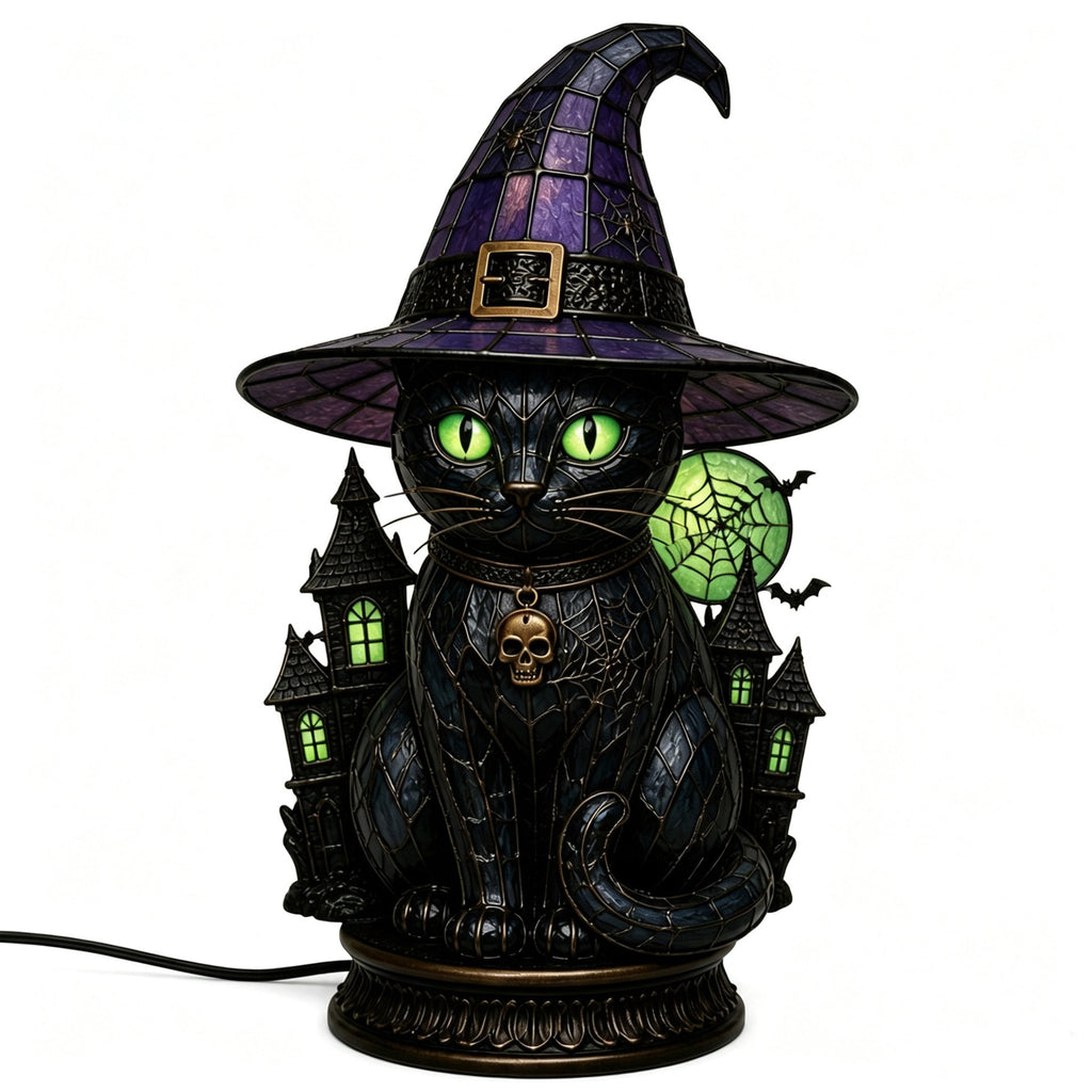 Gothic Stained Glass Black Cat Table Lamp