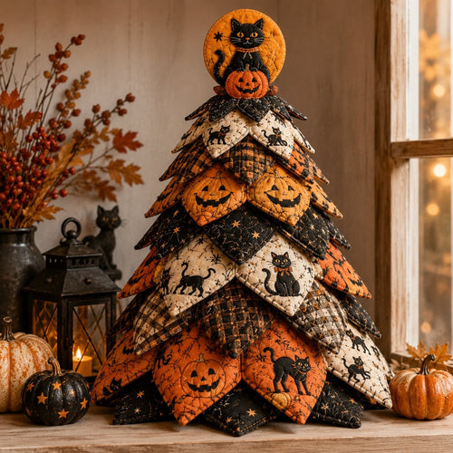 Quvella Moonlit Black Cat Halloween quilted fabric tree kit